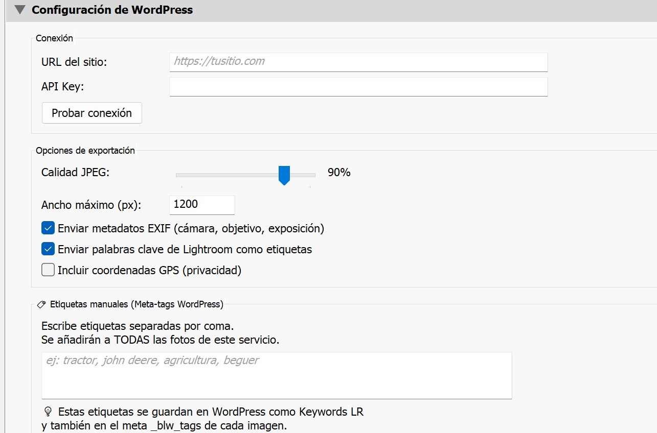 Interfaz de Barbastro Sync para Lightroom